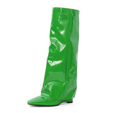Niulatu Women Loose Boots Fold Knee High Boot Female Pointed Toe Riding Wedges Long Boot Woman Slim Pleated Shoes Luxury Brand Designer DJSE