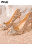 Niulatu High Heels Pumps Women 2025 New Slip On Shiny Sequins Wedding Shoes Woman Crystal Bowtie Stiletto Heeled Party Shoes DJSE