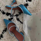 Niulatu Women's Shoes, Outer Wear Fashionable Sparkling Rhinestone Satin Wine Glass Heel Shoes, Baotou Slippers DJSE
