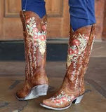 Niulatu Toe Chunky Vintgae Wedding Western Mid Calf Boots For Women Embroidery Cowgirls Cowboy Slip On Shoes Boots DJSE