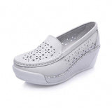 Niulatu Women's Genuine Leather Platform Shoes Wedges White Lady Casual Shoes Swing Mother Shoes Size DJSE