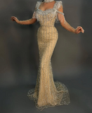 Niulatu Yellow Tulle Sequins Beaded Mermaid Evening Dress Long Formal Prom Dress HZ1007