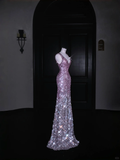 Niulatu Pink V Neck Sequins Long Prom Dress Evening Dress HZ1007