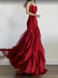 Niulatu Sheath Spaghetti Straps Burgundy Chiffon Long Ruffles Party Dresses Birthday Dress SD580