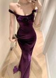 Niulatu Velvet Long Sheath Prom Dress Purple Off Shoulder Slit Party Evening Gown HZ1007