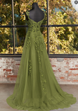 A-line V Neck Sleeveless Sweep Train Tulle Prom Dress with Appliqued Beading Evening Dresses HZ1214
