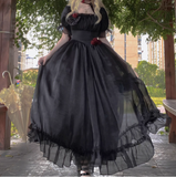 Niulatu A Line Square Neckline Short Sleeves Black Chiffon Long Party Dresses Birthday Dress SD584