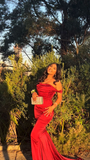 Niulatu Off The Shoulder Mermaid Evening Dress Red Satin Prom Dress HZ1007