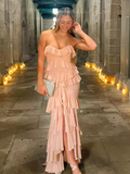 Niulatu Pink Chiffon Ruffles Tiered Evening Dress Slit Mermaid Prom Party Dress HZ1007