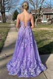 Niulatu Lavender Spaghetti Straps A-Line 3D Lace Floral Long Prom Dress A Line Evening Dress HZ1007