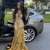 Niulatu Satin Beaded Feathers Evening Gown Long Slit Prom Dress HZ1007