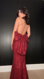 Niulatu Burgundy Sequins Mermaid Evening Dress Backless Long Prom Dress With Bow HZ1007