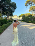 Niulatu V Neck Mermaid Evening Dress Yellow Chiffon Sequins Prom Dress HZ1007