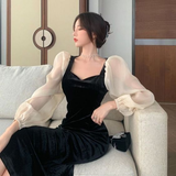 Niulatu V-Neck Elegant Black Stitching Velvet Dress Female Retro High Waist Puff Sleeves Evening Dress HZ1007