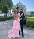 Niulatu Women's Pink A-line Tiered Prom Dress Pink Backless Evening Dress HZ1007