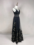 Niulatu Black Tulle Gold Silk Feathers A Line Prom Dress Formal Evening Dress HZ1007