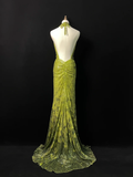Niulatu Green Halter Sequins Backless Prom Dress Long Mermaid Evening Dress HZ1007