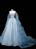 Niulatu Blue Tulle Beaded A Line Prom Dress Long Evening Dress HZ1007