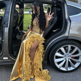 Niulatu Satin Beaded Feathers Evening Gown Long Slit Prom Dress HZ1007