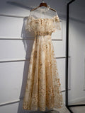 Niulatu tulle lace long prom dress champagne formal dress HZ1110
