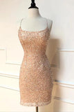 Niulatu Straps Tight Peach Sequins Short Homecoming Dress HZ0113