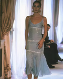 Niulatu Spaghetti Straps Blue Chiffon Beaded Prom Dress Evening Dress HZ1007