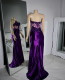 Niulatu Strapless Satin Lace Appliques Prom Party Dress Mermaid Sexy Split Evening Dress HZ1007
