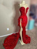 Niulatu Sequined Red Sweetheart Long Prom Dress For Black Girls Feathers Birthday Party Gowns High Slit Evening Gown HZ1007