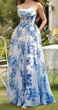 Niulatu Blue Chiffon Print Floral Slit Prom Dress Spaghetti Straps Evening Gown HZ1007