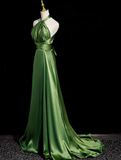 Niulatu A line Green Satin Halter Backless Prom Dress Prom Dress SD1294