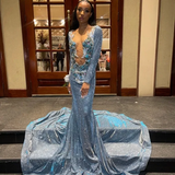 Niulatu Blue Satin Beaded Appliques Formal Prom Dress Sexy Backless Mermaid Evening Dress HZ1007