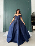 Niulatu A line Off The Shoulder Navy Blue Satin Lace Long Evening Dress Prom Dresses HZ1110