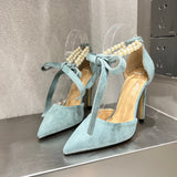 Niulatu Spring New Women's Fashion Pointed Suede Beaded Lace Up Hollow High Heel Single Shoes Party Wedding Shoes DJSE