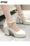Niulatu Heels Elegant Bow Square Toe Black Fashion Women's Pumps Thick Heel Wedding Party Pearl Lace Wedding Shoes for Women DJSE