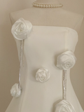 Niulatu A line Strapless Satin White Flowers Vacation Dress Women Short Dresses SD126