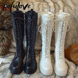 Niulatu High Boots Flat Shoes Boots Women Gothic Black White Leather Boots Winter Shoes Sexy Lady Botas Lace Up Zapatos DJSE