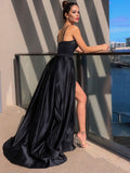 Niulatu Sleek Black Spaghetti Straps Long Prom Dress with Slit and HZ1007