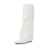 Niulatu Women Loose Boots Fold Knee High Boot Female Pointed Toe Riding Wedges Long Boot Woman Slim Pleated Shoes Luxury Brand Designer DJSE