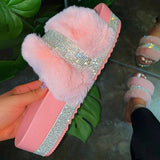 Niulatu Women Fur Rhinestone Slippers Platform Wedges Heel Solid Fluffy Furry Slides Outside Sexy Shoes Ladies Whosale DJSE