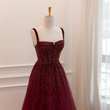 Niulatu Burgundy Spaghetti Straps Sequins Beaded Formal Prom Dress Tulle Party Evening Dress HZ1007