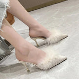 Niulatu Women High Heels Shoes 2025 Summer New Fur Pointed Toe Thin Heels Women Mules Dress Party Outside Ladies Slippers Plus Size 42 DJSE