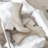 Niulatu Women PVC Rainboots Chunky Heel Height Increasing Short Boots Thick Sole Motorcycle Ankle Boots For Women Rain Shoes DJSE