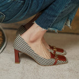Niulatu Fashion Women's Shoes Thousand Bird Lattice Soft Leather Ladies Pumps Spring Square Toes Chunky Heels Female Shoes DJSE