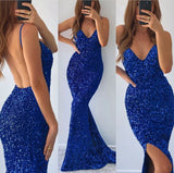 Niulatu Blue Long V-neck Mermaid Sequins Backless Prom Dress with HZ1007