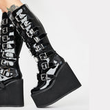 Niulatu Size 48 Brand Design Platform Wedges Goth Black Mid Calf Motorcycle Boots Women Buckle Trendy Cool Punk Zipper Women Shoes DJSE
