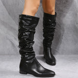 Niulatu Women 2025 Spring Knee High Boots Red Black White Tall Boots Woman Pleated Low Heel Casual Leather Female Long Shoes DJSE