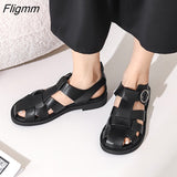 Niulatu Shoes Women Genuine Leather Gladiator Sandals Round Toe Flats Buckle Fashion Ladies Footwear Summer Khaki Big Size 43 DJSE
