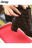 Niulatu Winter Women Boots Pu Leather Solid Color Mid Chunky Heel Ankle Boots Button Pumps Shoes Warm Ladies Short Booties DJSE