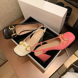 Niulatu New Fashion Single Shoes Women Decorative Button Retro Chunky Heels Sandals Women Square Head Shallow Mouth Shoes DJSE