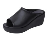 Niulatu Women's Summer Wedges Slippers Slip-On Shoes Woman Flat Peep Toe Breathable Soft Platform Leather Sandals Platform Shoes DJSE